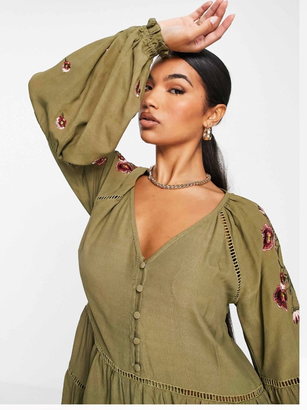 NWT ASOS DESIGN Lace Trim and Embroidered Long Sleeve Romper in khaki Size 14 - Picture 3 of 16